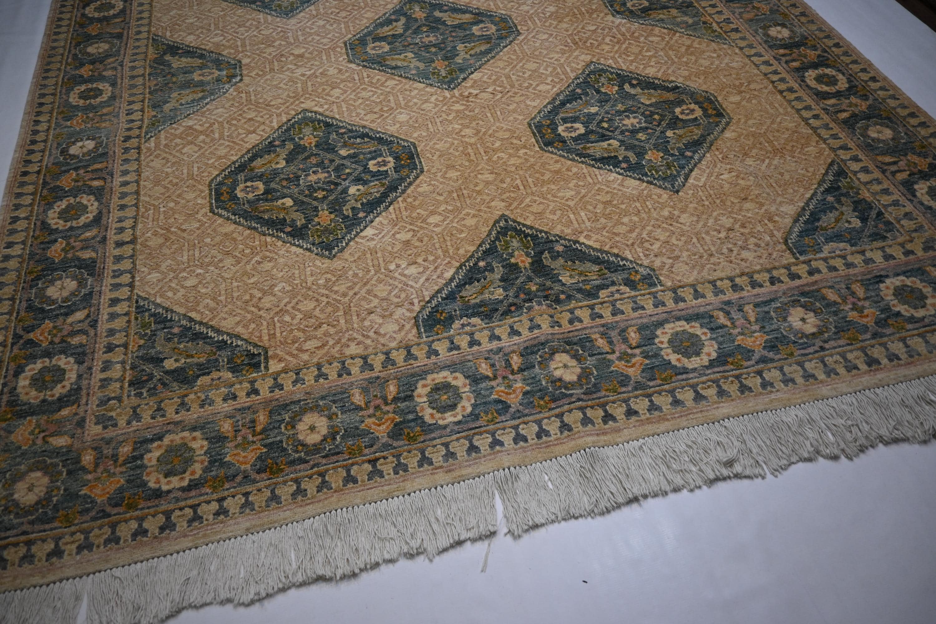 Premium 8'2x9'6 ft Hand-Knotted Afghan Beige Wool Area Rug Natural Dyes