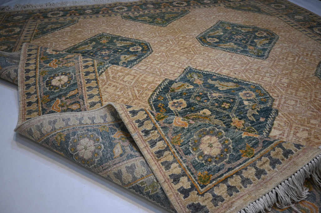 Premium 8'2x9'6 ft Hand-Knotted Afghan Beige Wool Area Rug Natural Dyes