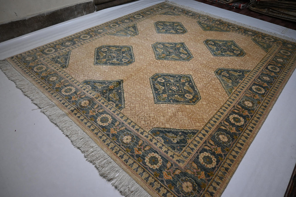 Premium 8'2x9'6 ft Hand-Knotted Afghan Beige Wool Area Rug Natural Dyes