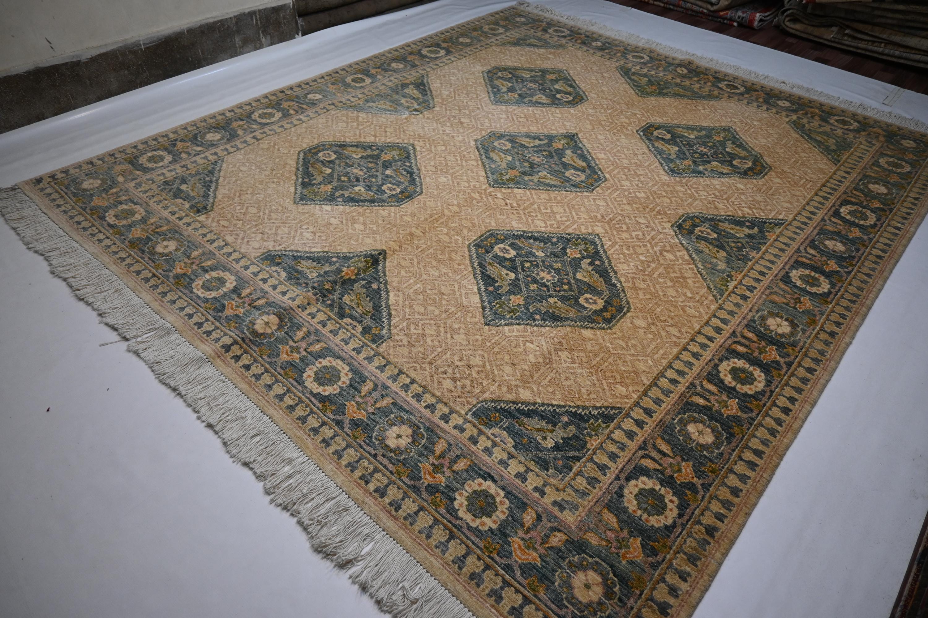 Premium 8'2x9'6 ft Hand-Knotted Afghan Beige Wool Area Rug Natural Dyes