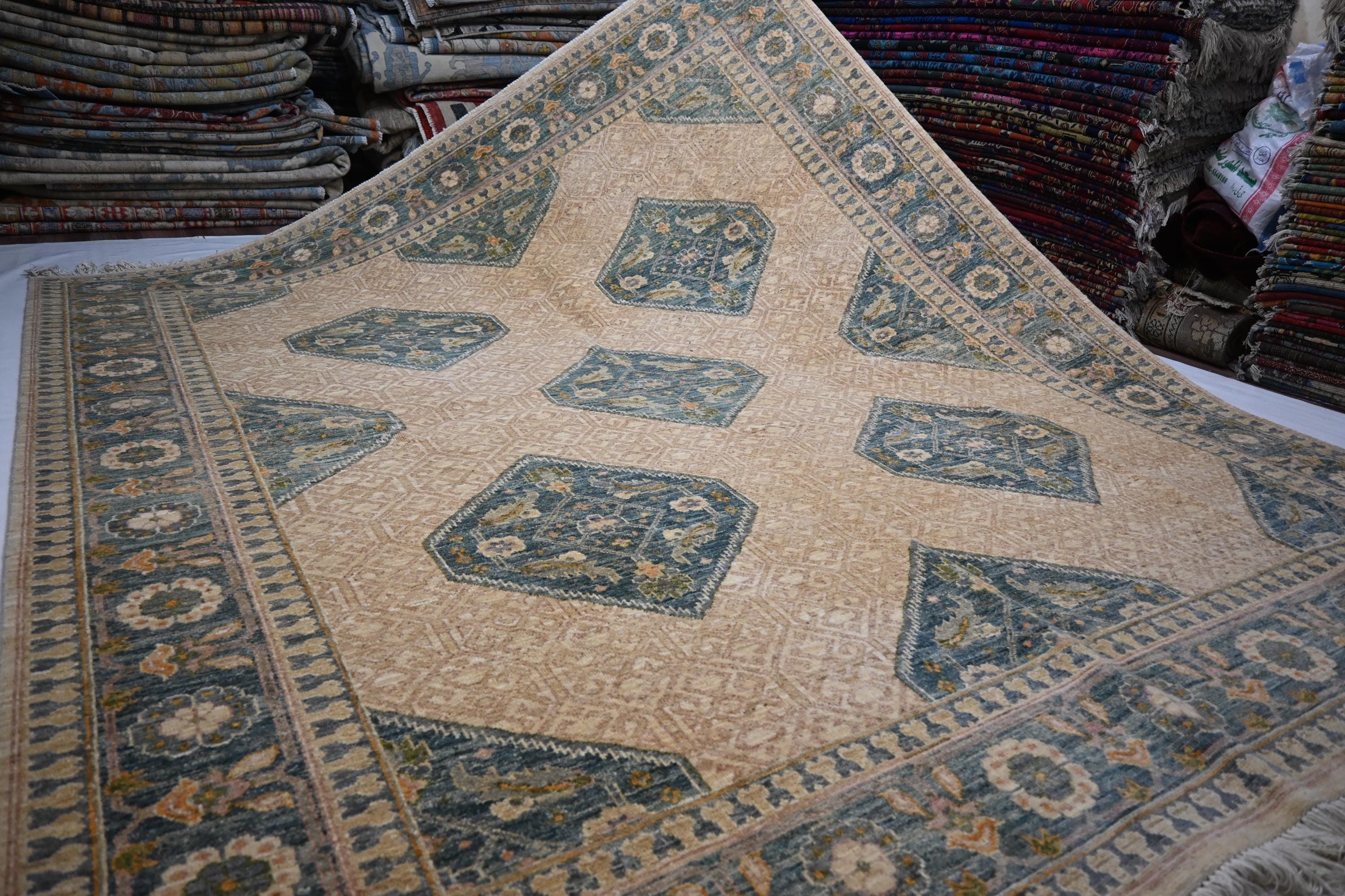 Premium 8'2x9'6 ft Hand-Knotted Afghan Beige Wool Area Rug Natural Dyes